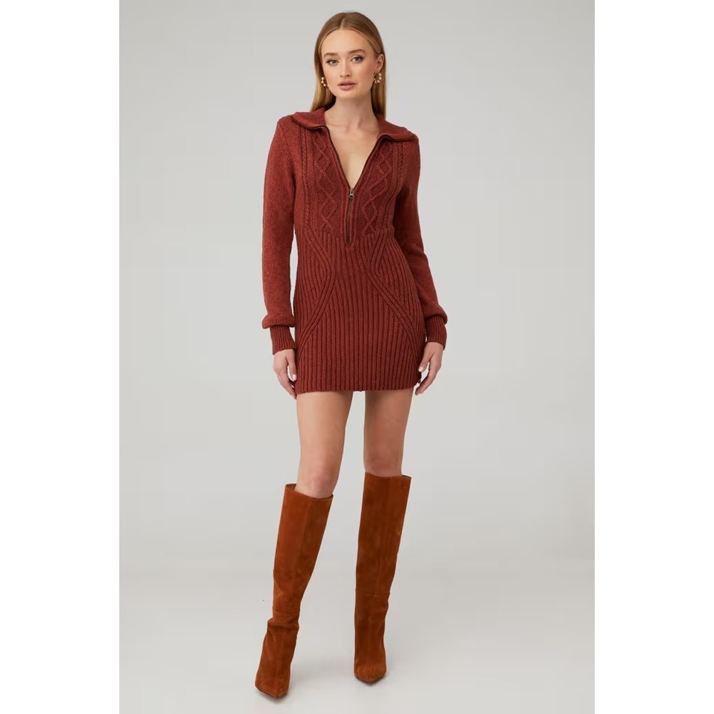 Free People Mont Blanc Cable Knit Mini Dress XS Orange Long Sleeve Half Zip Boho